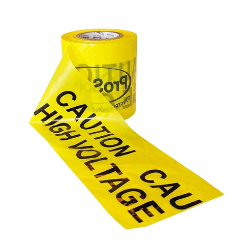 Highly visible underground warning tape featuring black HIGH VOLTAGE lettering on a bright yellow background. Cable warning tapes ensure clear visual indication of buried services like electric cables and pipes. Protect your site with HIGH VOLTAGE warning.