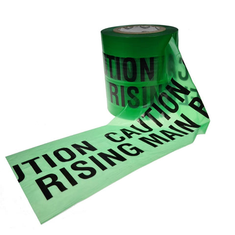 Highly visible green underground warning tape with 'CAUTION RISING MAIN BELOW' text. 150mm width, 365m length. Green.