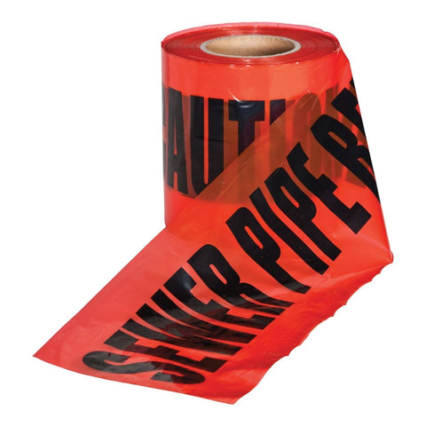 Highly visible red underground warning tape, 150mm width, 365m length. Designed to prevent damage to electric cables, pipes, etc. Bold "CAUTION SEWER PIPE BELOW" print ensures safety during excavation. Red color enhances visibility.