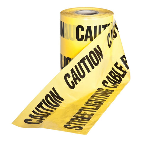 Highly visible yellow underground warning tape with "CAUTION STREET LIGHTING CABLE BELOW" text. 150mm width, 365m length. Yellow.