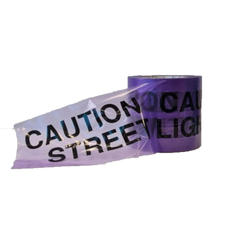 Highly visible purple underground warning tape with 'CAUTION STREET LIGHTING CABLE BELOW' text, 150mm width, 365m length, purple color.