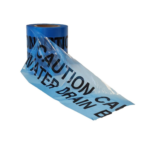 Explore our highly visible blue underground warning tape - 150mm x 365m, with 'CAUTION SURFACE WATER BELOW' printed. Ideal for locating electric cables, pipes, and more.