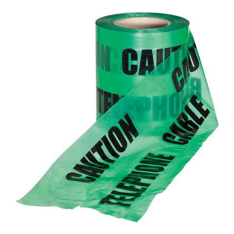 Highly visible green underground warning tape, 150mm x 365m, with 'CAUTION TELEPHONE CABLE BELOW' text. Durable, 150mm width, 365m length, suitable for outdoor use.