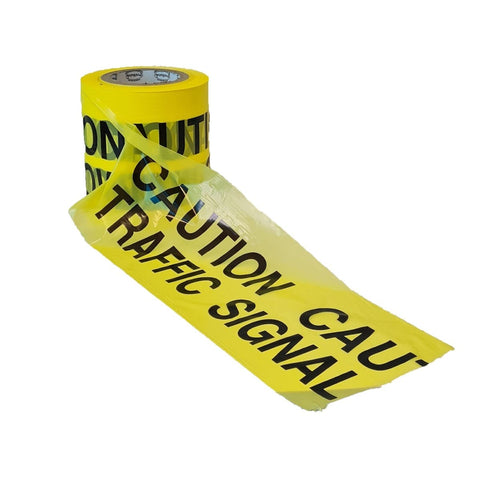 Ensure safety with our highly visible yellow underground warning tape. 150mm x 365m, imprinted with 'CAUTION TRAFFIC SIGNAL CABLE BELOW'. Available for purchase.