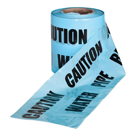 Highly visible blue underground warning tape, 150mm x 365m, with 'CAUTION - WATER PIPE BELOW' printed. Ideal for locating electric cables, pipes, etc., to prevent damage during excavation.