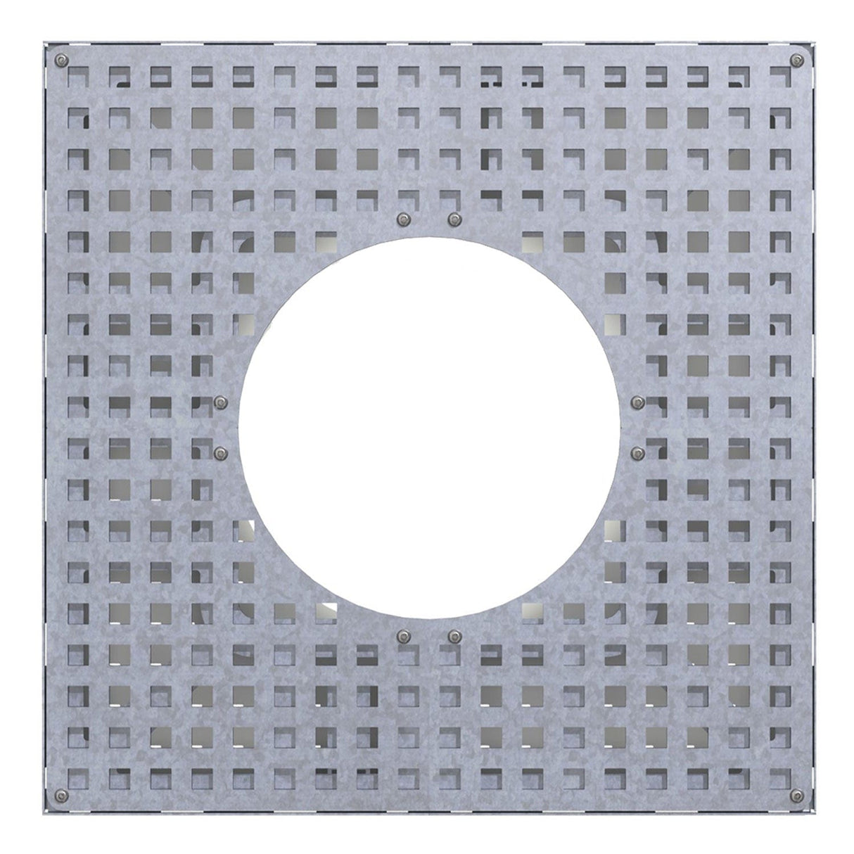 square galvanised steel tree grille with a circular