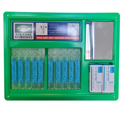 Ensure workplace safety with this HSE-compliant wall-mountable eye wash station, equipped with 10 sterile saline solution eye pods and 2 sterile eye pad dressings. Featuring a built-in mirror for easy application, it offers essential first aid provisions for minor eye incidents, adhering to safety regulations for optimal workplace care.