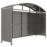 Side view of Welton shelter featuring galvanised steel roof and panels