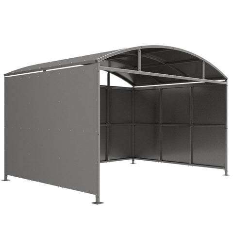 Welton waiting-trolley shelter with galvanised cladding and curved roof