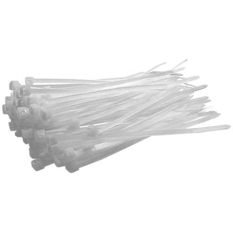 High-quality white cable ties, 200mm length, 4.8mm width, ideal for securing cables, tarps, barrier fencing, and debris netting. Made of heavy-duty black nylon with Nylon 66 construction, heat-resistant.