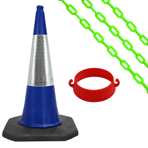 Blue 1m traffic cone with green chain and cone chain holder
