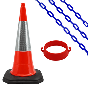 Orange 1m traffic cone with blue chain and cone chain holder