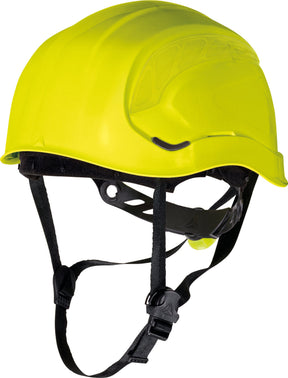Delta Plus Granite Peak safety helmet in yellow, no-peak linesman design - front three-quarter view