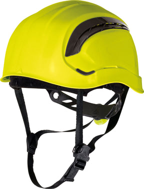 Delta Plus Granite Wind ventilated safety helmet in yellow with black vent trim - front three-quarter view