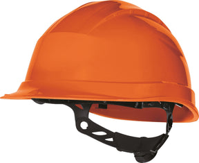 Delta Plus Quartz III safety helmet in orange - side view showing ROTOR adjustment dial and chin strap