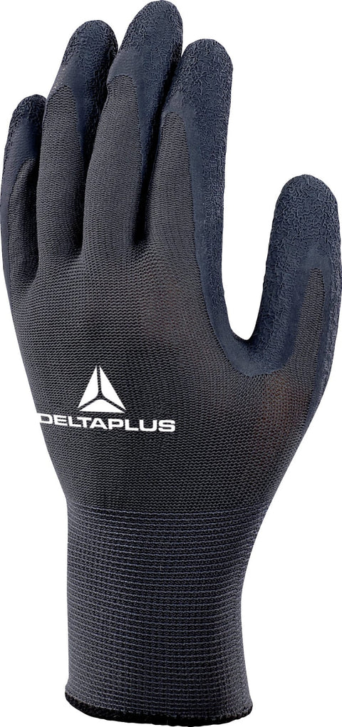 Delta Plus VE630 Safety Gloves Black / Grey Grip Latex Coated - 12 x Pairs