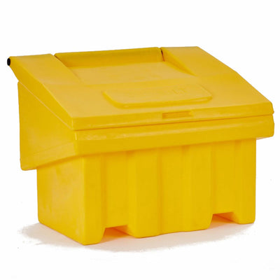 Yellow 200 litre plastic grit bin with hinged, angled lid - standard (non-lockable) version