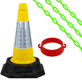 Yellow 500mm road cone with green chain and red chain holder - Cone Chain Barrier Kit