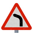 512 diagram triangular warning sign - road bend hazard pictogram in black, white background, red reflective border, mounted on a galvanised post
