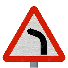 512 diagram triangular warning sign - road bend hazard pictogram in black, white background, red reflective border, mounted on a galvanised post