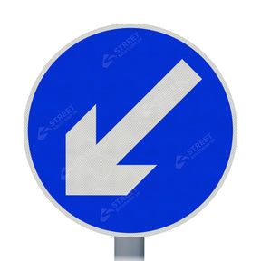 610 keep left sign face mounted on a 76mm galvanised post - blue circular sign with white diagonal arrow, front view