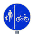 957v cycle and pedestrian route sign face on a post, blue circle with pedestrian and cyclist symbols split by a white line