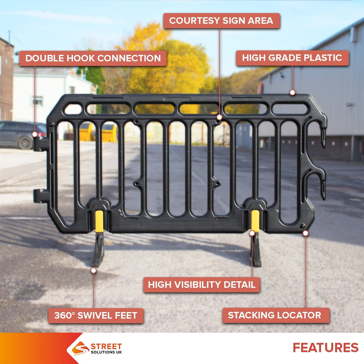 crowd control plastic metal pedestrian safety street event festival marathon melba swintex jsp 2 meter metre race anti trip stacking portable black silver orange boss heras safe fence start traffic school construction plastic safety barriers
