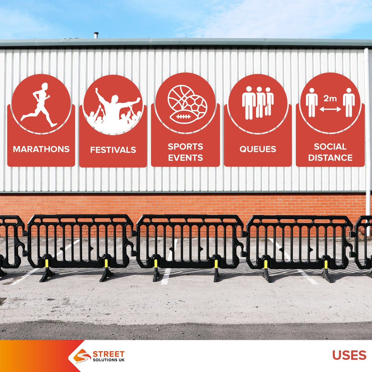 crowd control plastic metal pedestrian safety street event festival marathon melba swintex jsp 2 meter metre race anti trip stacking portable black silver orange boss heras safe fence start traffic school construction plastic safety barriers