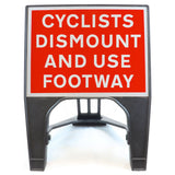 CYCLISTSDISMOUNTANDUSEFOOTWAY600X450MMMELBASWINTEXQSIGNROADSAFETYTRAFFICREDWHITESTREETSIGNAGE