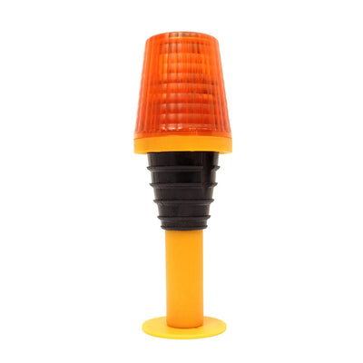 LED traffic cone safety light with amber lens and yellow rubber-collar base, on a white background