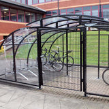 Cycle compound secure stand-free Stratford compound for cycle bike storage offering secure bike and cycle parking Access control Anti-theft Weather-resistant Durable Multi-bike storage Steel construction Covered bike parking Cycle shelter Bike shelter Space-saving