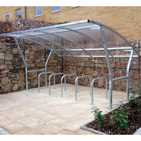Cambourne Cycle Shelter Cycle shelter Cambourne shelter Bike storage Galvanized steel shelter Self-supporting On-site assembly Single-sided PET sheeting shelter Mild steel frame Clear sheet roof