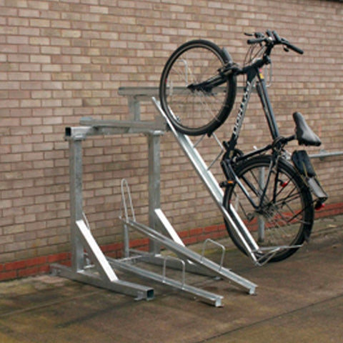 Double Stack Cycle Rack, vertical bike storage, space-saving, high density cycle parking, steel construction, easy to use, secure bike storage, staggered holders, commercial bike rack.