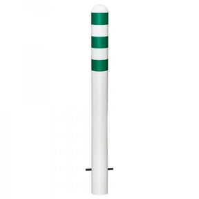 White sub-surface fix EV charging point protection bollard with green reflective band, set for casting into a footing