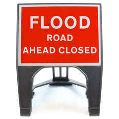 FLOOD ROAD AHEAD CLOSED 600X450MM MELBA SWINTEX Q SIGN ROAD SAFETY TRAFFIC RED WHITE STREET SIGNAGE