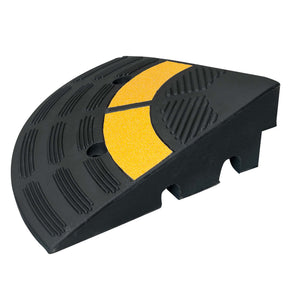 100mm rubber kerb ramp corner piece - quarter-round end section with yellow reflective band