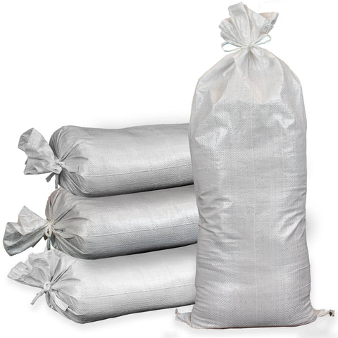 Stake of Ready Filled Sand Bags White Polypropylene.