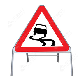 Metal road sign frame 750mm triangle size Rectangular shape Heavy-duty construction Durable material Road sign accessory Chapter 8 compliant Highway and byway use Traffic sign mounting Weather-resistant design
