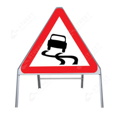 Metal road sign frame 750mm triangle size Rectangular shape Heavy-duty construction Durable material Road sign accessory Chapter 8 compliant Highway and byway use Traffic sign mounting Weather-resistant design