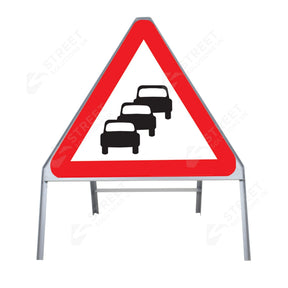 Metal road sign frame 750mm triangle size Rectangular shape Heavy-duty construction Durable material Road sign accessory Chapter 8 compliant Highway and byway use Traffic sign mounting Weather-resistant design
