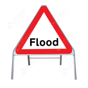 Metal road sign frame 750mm triangle size Rectangular shape Heavy-duty construction Durable material Road sign accessory Chapter 8 compliant Highway and byway use Traffic sign mounting Weather-resistant design