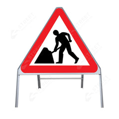 Metal road sign frame 750mm triangle size Rectangular shape Heavy-duty construction Durable material Road sign accessory Chapter 8 compliant Highway and byway use Traffic sign mounting Weather-resistant design