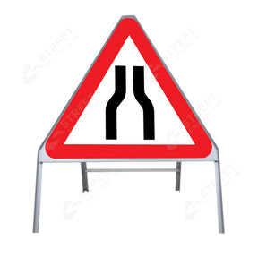 Metal road sign frame 750mm triangle size Rectangular shape Heavy-duty construction Durable material Road sign accessory Chapter 8 compliant Highway and byway use Traffic sign mounting Weather-resistant design