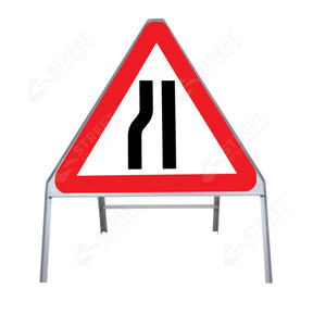 Metal road sign frame 750mm triangle size Rectangular shape Heavy-duty construction Durable material Road sign accessory Chapter 8 compliant Highway and byway use Traffic sign mounting Weather-resistant design