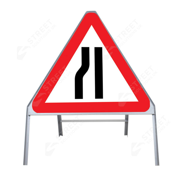 Metal road sign frame 750mm triangle size Rectangular shape Heavy-duty construction Durable material Road sign accessory Chapter 8 compliant Highway and byway use Traffic sign mounting Weather-resistant design