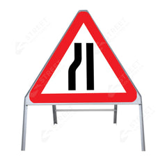 Metal road sign frame 750mm triangle size Rectangular shape Heavy-duty construction Durable material Road sign accessory Chapter 8 compliant Highway and byway use Traffic sign mounting Weather-resistant design