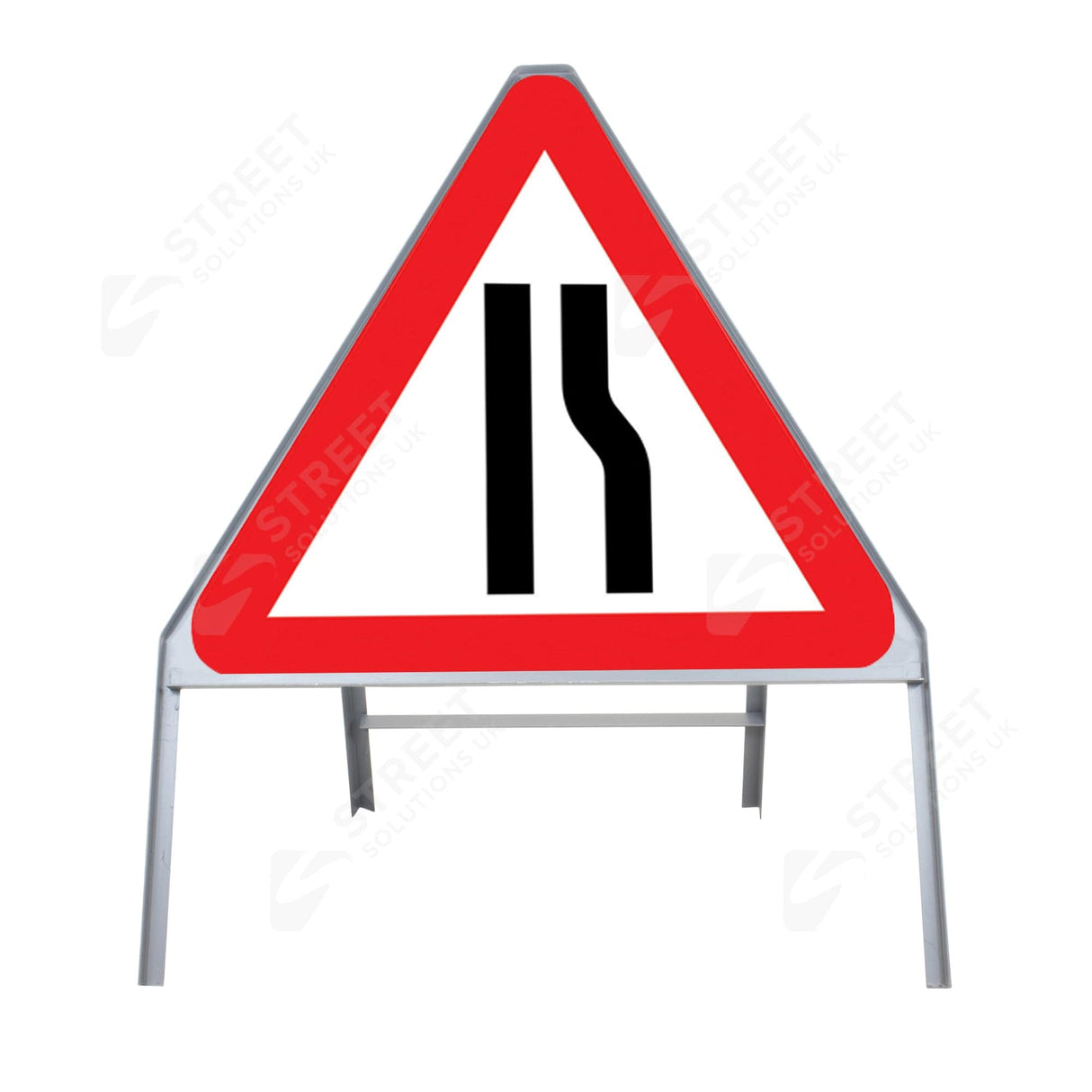 Metal road sign frame 750mm triangle size Rectangular shape Heavy-duty construction Durable material Road sign accessory Chapter 8 compliant Highway and byway use Traffic sign mounting Weather-resistant design