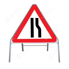 Metal road sign frame 750mm triangle size Rectangular shape Heavy-duty construction Durable material Road sign accessory Chapter 8 compliant Highway and byway use Traffic sign mounting Weather-resistant design