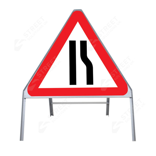 Metal road sign frame 750mm triangle size Rectangular shape Heavy-duty construction Durable material Road sign accessory Chapter 8 compliant Highway and byway use Traffic sign mounting Weather-resistant design