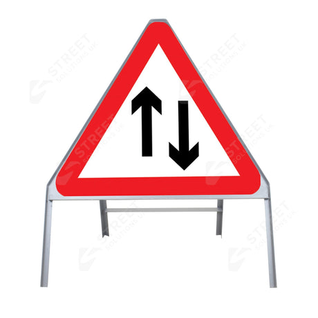 Metal road sign frame 750mm triangle size Rectangular shape Heavy-duty construction Durable material Road sign accessory Chapter 8 compliant Highway and byway use Traffic sign mounting Weather-resistant design